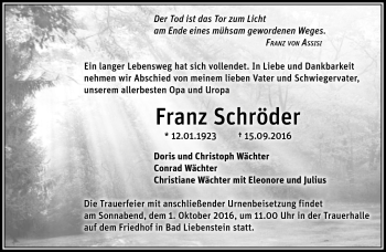 Traueranzeige von Franz Schröder von Südthüringer Presse