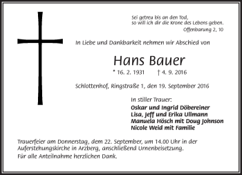 Traueranzeige von Hans Bauer von Frankenpost