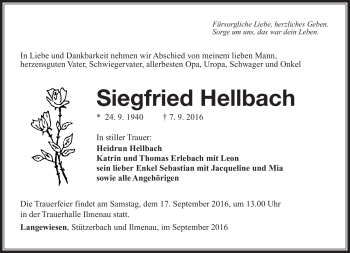 Traueranzeige von Siegfried Hellbach von Südthüringer Presse