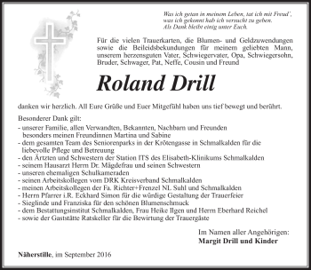 Traueranzeige von Roland Drill von Südthüringer Presse