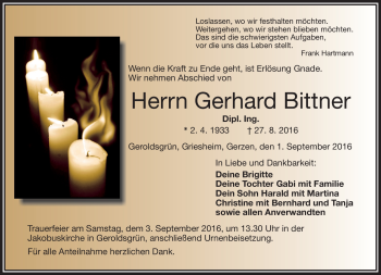Traueranzeige von Gerhard Bittner von Frankenpost