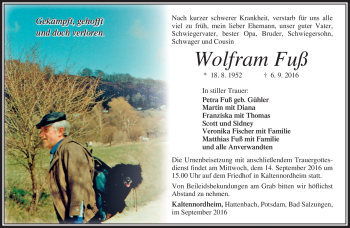 Traueranzeige von Wolfram Fuß von Südthüringer Presse