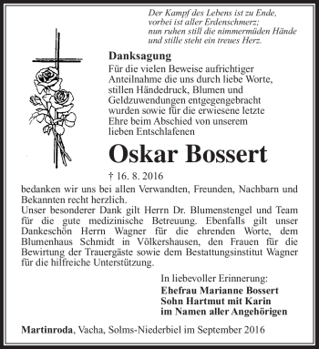 Traueranzeige von Oskar Bossert von Südthüringer Presse