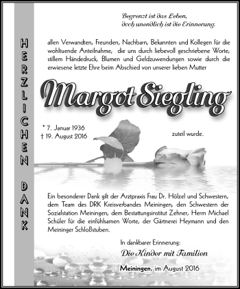 Traueranzeige von Margot Siegling von Südthüringer Presse