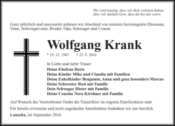 Traueranzeige von Wolfgang Krank von Südthüringer Presse