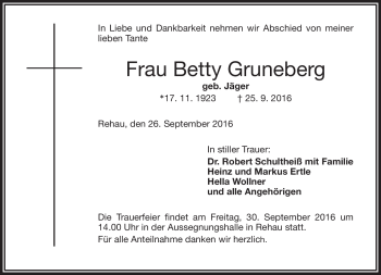 Traueranzeige von Betty Gruneberg von Frankenpost