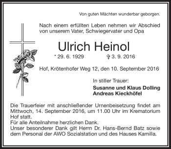 Traueranzeige von Ulrich Heinol von Frankenpost