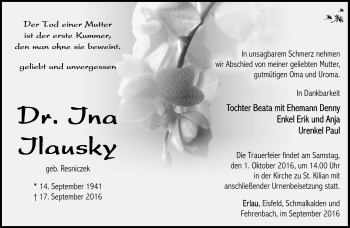 Traueranzeige von Ina Illausky von Südthüringer Presse