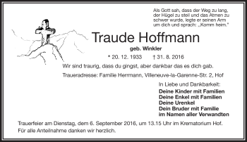 Traueranzeige von Traude Hoffmann von Frankenpost