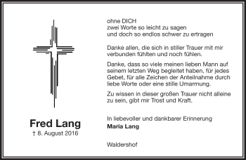 Traueranzeige von Fred Lang von Frankenpost