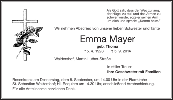 Traueranzeige von Emma Mayer von Frankenpost