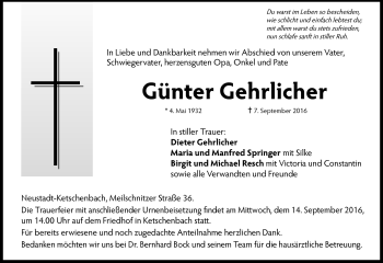 Traueranzeige von Günter Gehrlicher von Neue Presse Coburg