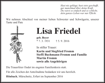 Traueranzeige von Lisa Friedel von Südthüringer Presse