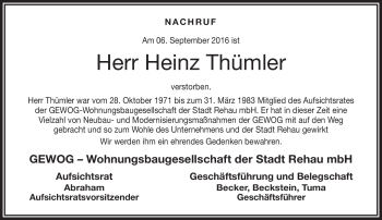 Traueranzeige von Heinz Thümler von Frankenpost
