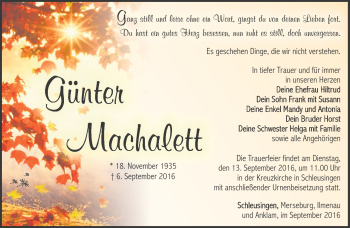 Traueranzeige von Günter Machalett von Südthüringer Presse