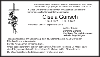 Traueranzeige von Gisela Gunsch von Frankenpost