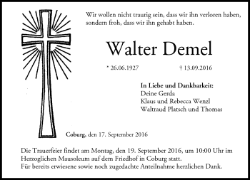 Traueranzeige von Walter Demel von Neue Presse Coburg