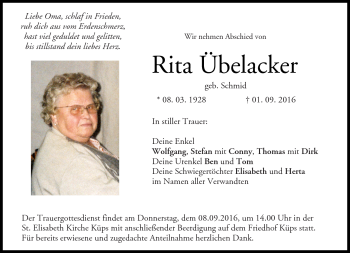 Traueranzeige von Rita Übelacker von Neue Presse Coburg