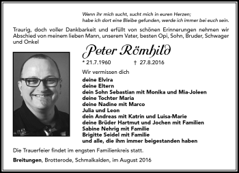 Traueranzeige von Peter Römhild von Südthüringer Presse
