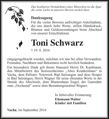 Traueranzeige von Toni Schwarz von Südthüringer Presse