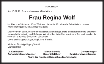Traueranzeige von Regina Wolf von Frankenpost