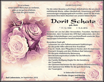 Traueranzeige von Dorit Schatz von Südthüringer Presse