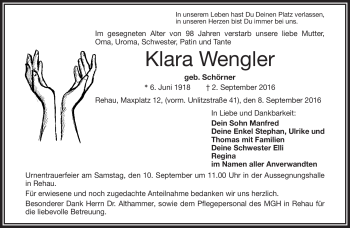 Traueranzeige von Klara Wengler von Frankenpost