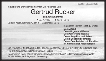 Traueranzeige von Gertud Rucker von Frankenpost