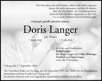Traueranzeige von Doris Langer von Neue Presse Coburg