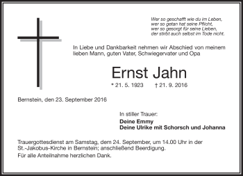 Traueranzeige von Ernst Jahn von Frankenpost