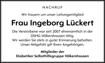 Traueranzeige von Ingeborg Lückert von Südthüringer Presse