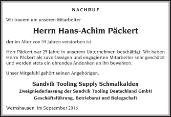Traueranzeige von Hans-Achim Päckert von Südthüringer Presse