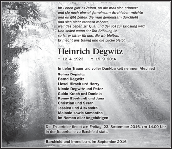 Traueranzeige von Heinrich Degwitz von Südthüringer Presse