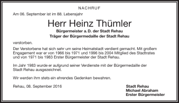 Traueranzeige von Heinz Thümler von Frankenpost