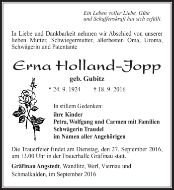 Traueranzeige von Erna Holland-Jopp von Südthüringer Presse