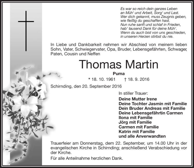  Traueranzeige für Thomas Martin vom 20.09.2016 aus Frankenpost