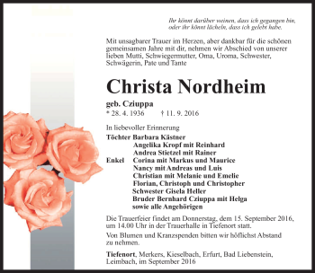 Traueranzeige von Christa Nordheim von Südthüringer Presse