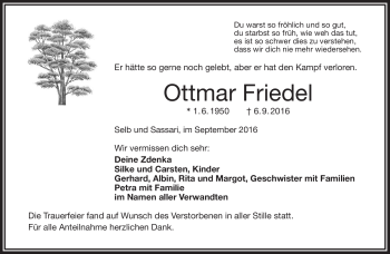 Traueranzeige von Ottmar Friedel von Frankenpost