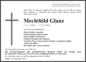 Traueranzeige von Mechthild Glanz von Südthüringer Presse