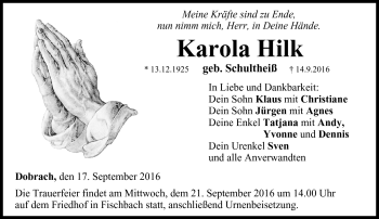 Traueranzeige von Karola Hilk von Neue Presse Coburg