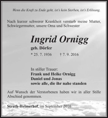 Traueranzeige von Ingrid Ornigg von Südthüringer Presse