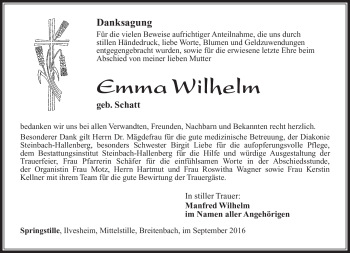 Traueranzeige von Emma Wilhelm von Südthüringer Presse