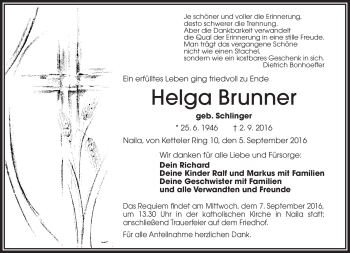 Traueranzeige von Helga Brunner von Frankenpost