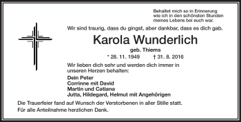 Traueranzeige von Karola Wunderlich von Frankenpost