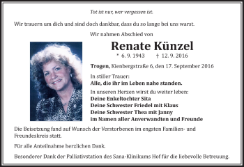 Traueranzeige von Renate Künzel von Frankenpost