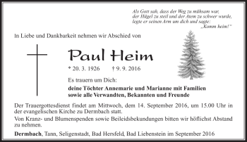 Traueranzeige von Paul Heim von Südthüringer Presse