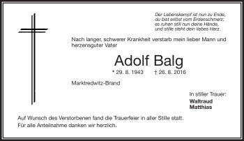 Traueranzeige von Adolf Balg von Frankenpost