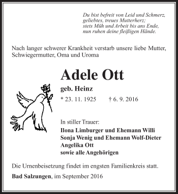 Traueranzeige von Adele Ott von Südthüringer Presse