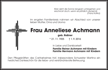 Traueranzeige von Anneliese Achmann von Frankenpost