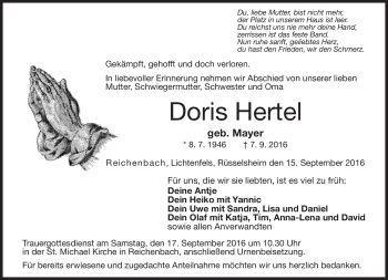 Traueranzeige von Doris Hertel von Neue Presse Coburg